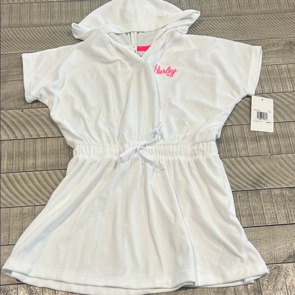 Hurley White Kids Hooded Swim Coverup with Pink Logo